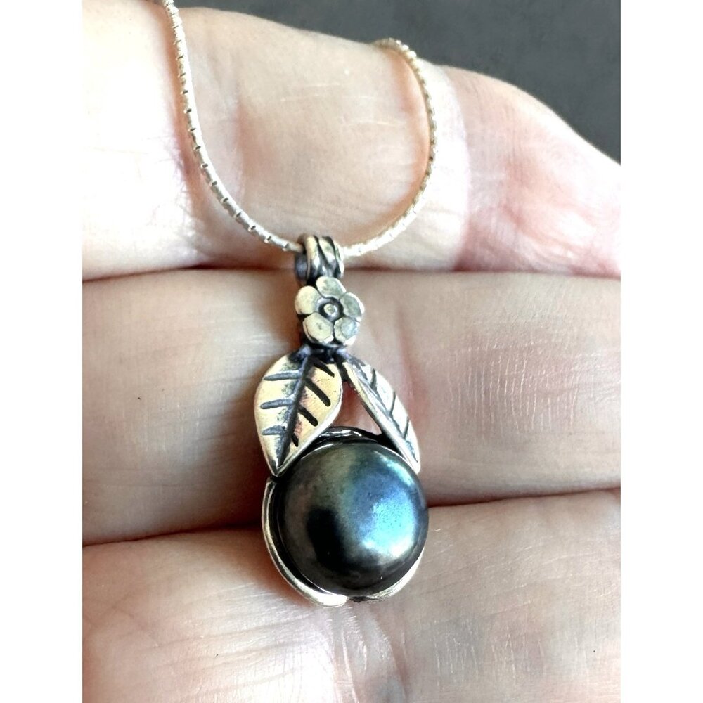 Vtg OR PAZ Cultured PEACOCK PEARL in Sterling Silver NECKLACE 18" Flower & Leaf